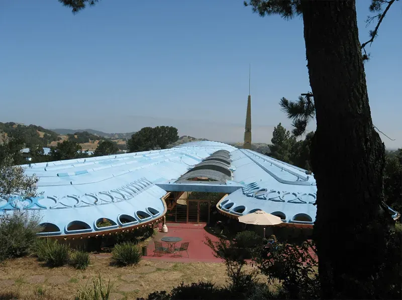 The long blue roof of the Marin County Civic Center set into the hills
